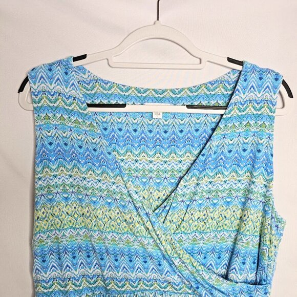 J. JILL Faux Wrap Maxi Dress BLUE GREEN GEO size L Pullover Stretchy Long Casual - Picture 4 of 6